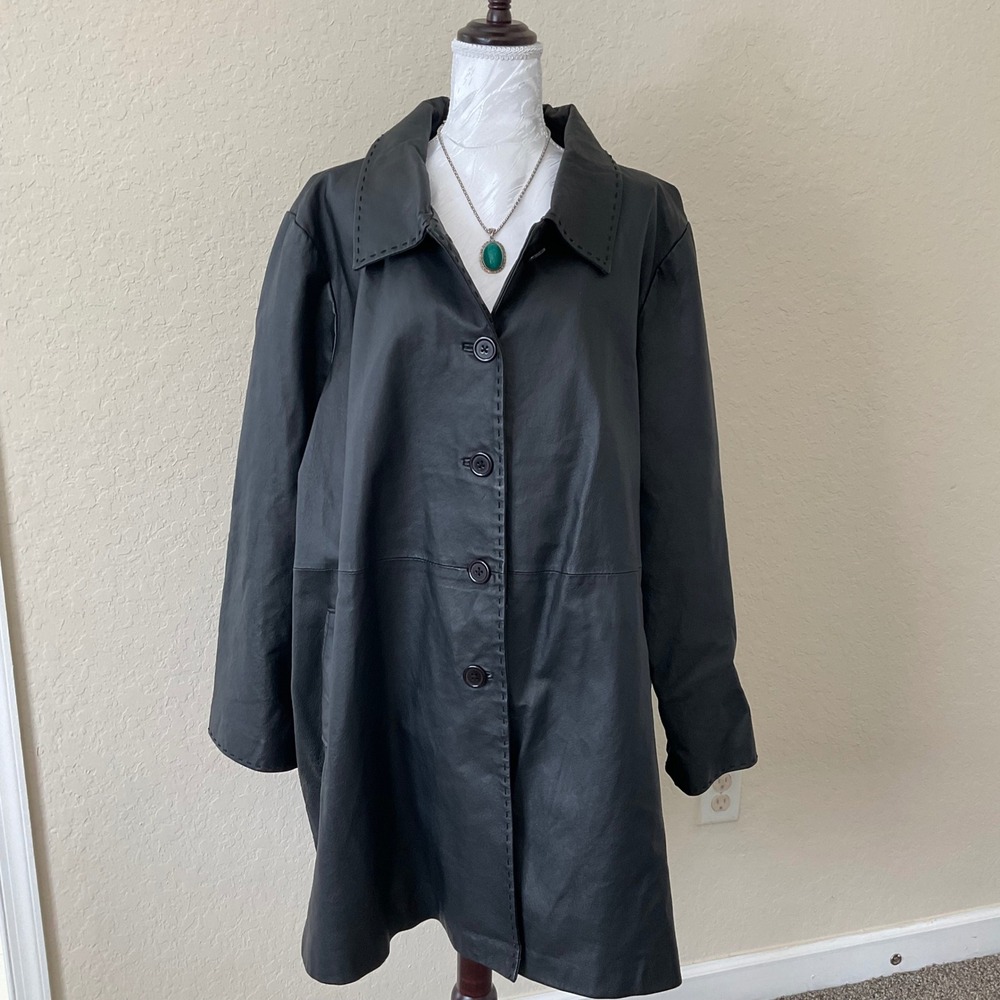 Jessica London Black Leather Swing Coat 24W Plus Size 90s Chic Button Up Grunge - Picture 2 of 8
